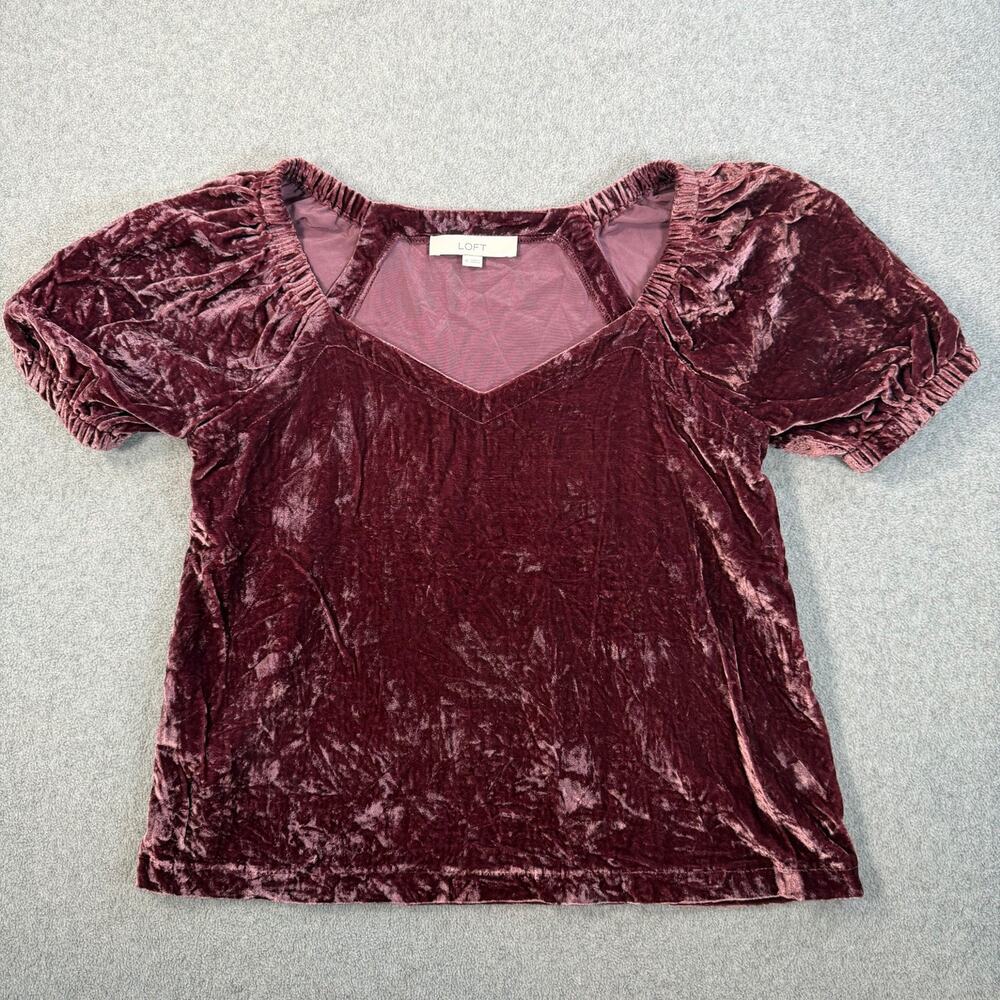 LOFT Womens X-Small Crushed Velvet Puff Sleeve Top Purple Blouse Pullover V-Neck